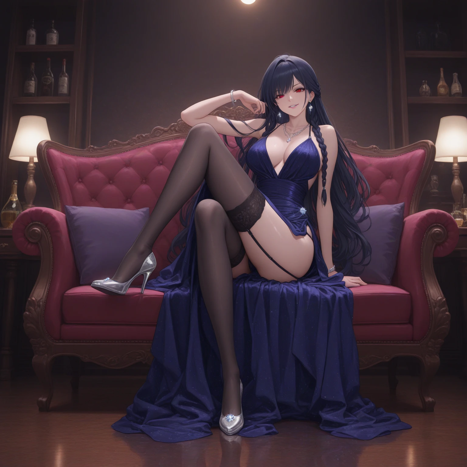 ((1girl, solo)), mature female, beautiful body, (perfect anatomy, perfect body, perfect hands, perfect legs), nice hands, natural proportions, sexy body, (large breasts:1.3), standing, hand on hip, full body BREAK
((extremely detailed face)), (yellow eyes:1.2), (beautiful detailed eyes:1.6), (realistic pupils, realistic iris:1), expressive eyes, ((looking at viewer)), (clear eyes:1.3), (hyperrealistic:1.2), (detailed skin texture:1.2), smooth skin, (black hair:1.5), long hair, hair between eyes, (detailed lips:1.2), (attractive lips:1.1), (glossy lips:1.1), ((smile)), perfect face, perfect eyes BREAK
maid, (maid bikini:1.5), maid headdress, (detached collar:1.3), (black bowtie:1.3), front-tie top, ((black bikini)), covered nipples, ((wrist cuffs)), side-tie bikini bottom, bare legs, black footwear, high heels BREAK
(masterpiece:1.5), anime-style, top quality, best quality, (beautiful and aesthetic:1.2), (ultra detail:1.5), Ultra-detailed depiction, Ultra-precise depiction, extremely detailed 8k illustration, high resolution, (highly detailed shading:1.2), (realistic lighting:1.4), perfect lighting, vibrant colors, dynamic tones, striking hues, 8k, absurd resolution, perfect shadows, hdr, UHD, ambient lighting, realistic, ultra-realistic, photo realistic, highly detailed, rich detail, luminous colors, fine texture, intricate design, professional illustration, (soft light:1.2), (illustration:0.7)