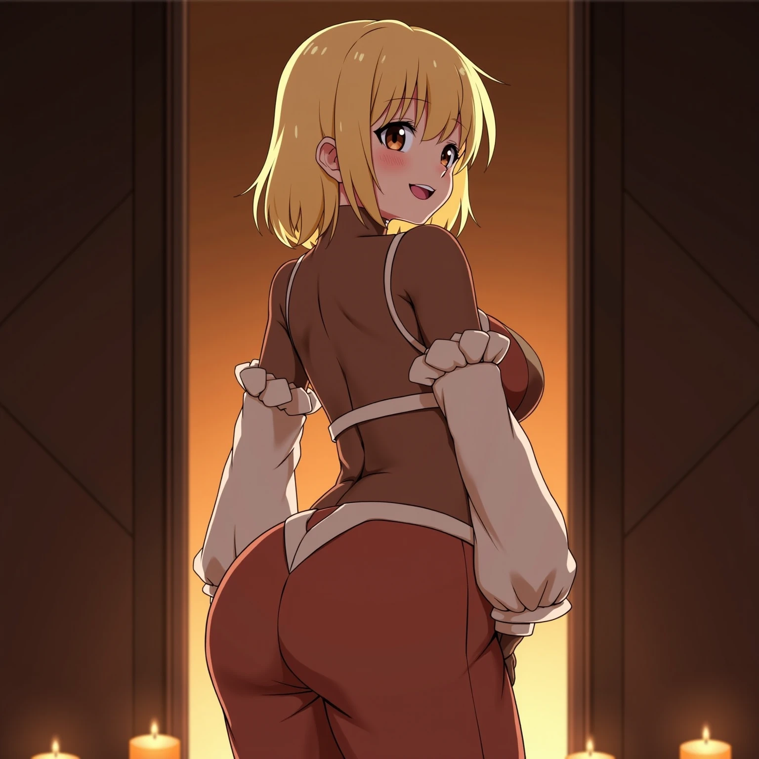 (masterpiece, best quality:1.2), illustration, 8k, hd, 1girl, solo, child, short_hair, blue_eyes, blonde_hair, breasts, hair_ornament, white_shirt, hairclip, blue_necktie, long_sleeves, headgear, brown_footwear, knee_boots, farting, butt, bottomless, squatting, smile, from behind, looking at viewer