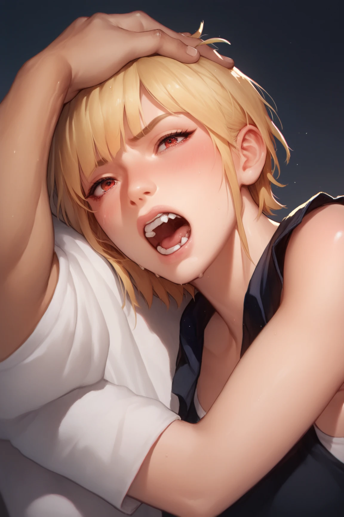 ​masterpiece、(top-quality)、1 female、(Mai Kawakami、((a blond))、The long-haired、((side poneyTail、Mole under the eyes))、Purple Eye)、(((NSFW、Symetrical、front-facing view、The upper part of the body、Gonzo、penises、oral、and、facial cum shot、1boys、licking out、put out the tongue、licking penis、big penis、Long penis、Straight penis、Center Penis)))、(((Unstoppable ejaculation)))、Shoot semen in the face、Semen Strings、cum shots、Semen on the face、Semen on、Semen:1.0、((Expose the subject to the full surface、Upper body 、Raise your face further、(Yellow sweater vest、bow ribbon、Hair Ribbon)、Female sexy、red blush、vivd colour、natural soft light、nffsw、(A detailed face:1.2)、showcase、(perfect  eyes:1.1) 、8K UHD、looking at viewert、simple background、(Mai Kawakami is licking a man's penis )