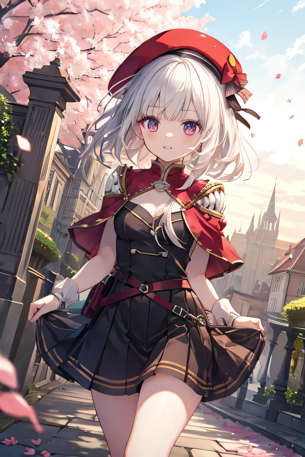 Serious girl, white hair, (showing teeth), castle background, castle background(mansion), complete anatomy,  Graphic Effects, height 159 cm  ( 5 feet 3 inches ), red beret, strong breeze , sakura petals and leaves,    , Masterpiece, the best quality