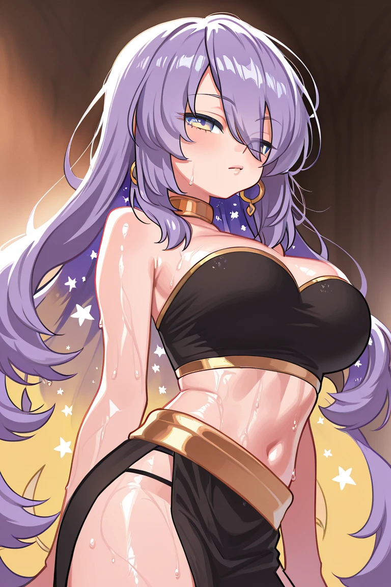Had four arms hands on body, goddess girl, mega breast wrapped by ropes, pale purple skin, 3 meter tall standing, blacked eyes with purple iris, thicc light muscle body, long tail, long horns, few makeup, sweaty armpits, white haired, tattooed full body from body to legs, worn lot of golden jewelries on body