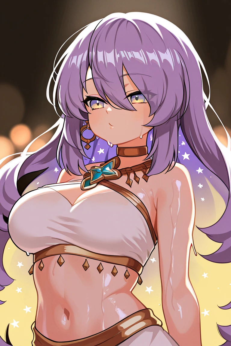 (masterpiece, best quality), best quality, (ultra-detailed), (3heads:1.5), 1girl, (watatsuki no yorihime:1.3), masterpiece, best quality, ultra quality, ultra resolution, ultra detail, dark red top, small crop top, ((stomach)), midriff, ((groin)), open midriff, dark red skirt, miniskirt, normal ears, shackles, light purple hair, tied into a ponytail, very long hair, wavy hair, sidelocks, purple eyes, parted lips, sweat, cute, open belly, toned belly, hand on own chest, eyelashes, (24 year old woman:1.3), (masterpiece:1.5), (best quality:1.5), (beautiful detailed), extremely detailed CG, extremely delicate and beautiful, depth of field, (finely detailed face), (perfect details:1.2), (mature female:1.3), wide pelvis, slender, large veiny breast, 16k resolution, highres, very high quality, very high definition, extremely detailed, masterpiece, light purple hair, long hair, alluring presence, braid, short skirt, close up, big tits, young, white bonnet, red bow, open belly, midriff, nsfw,