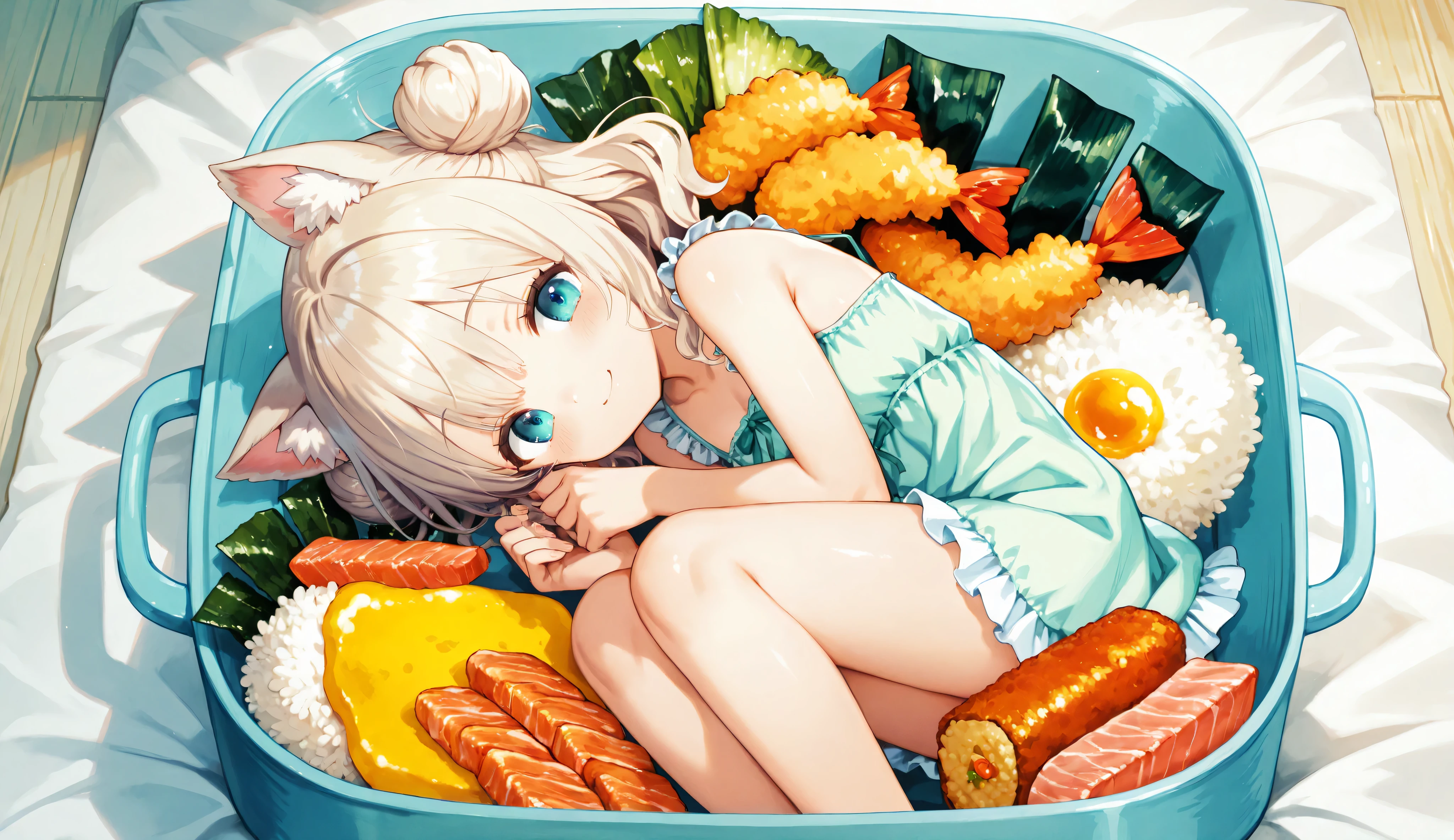 A highly detailed, high-resolution anime-style illustration of a fantasy bento box featuring a cute anime catgirl lying peacefully inside. The girl has long, silky platinum blonde hair styled in twin side buns with soft curls, and large, expressive blue eyes with a gentle, dreamy gaze. She has fluffy white cat ears with light pink inner fur and a relaxed, cozy smile. She is curled up on her side in a soft pose, her arms folded near her face and her legs drawn in slightly. She wears a pastel dress with a gradient color scheme transitioning from mint green to lavender pink, adorned with frilly ruffles around the edges.
The bento box is filled with a carefully arranged variety of Japanese food: tamagoyaki (rolled omelet), salmon sashimi slices, seaweed-wrapped rice with egg topping, tempura shrimp, sushi rolls, white rice balls, sliced cucumber, lime wedges, and garnishes. The rice forms a fluffy base for the girl to lie on, resembling a soft bed. The lighting is warm and natural, with soft reflections on the glossy bento surface and gentle shadows cast by the food and the girl. The scene is vibrant, balanced, and inviting, drawn in a polished anime style reminiscent of gacha or visual novel CG illustrations. The overall mood is cute, comforting, and dreamlike — blending food art with character design seamlessly.