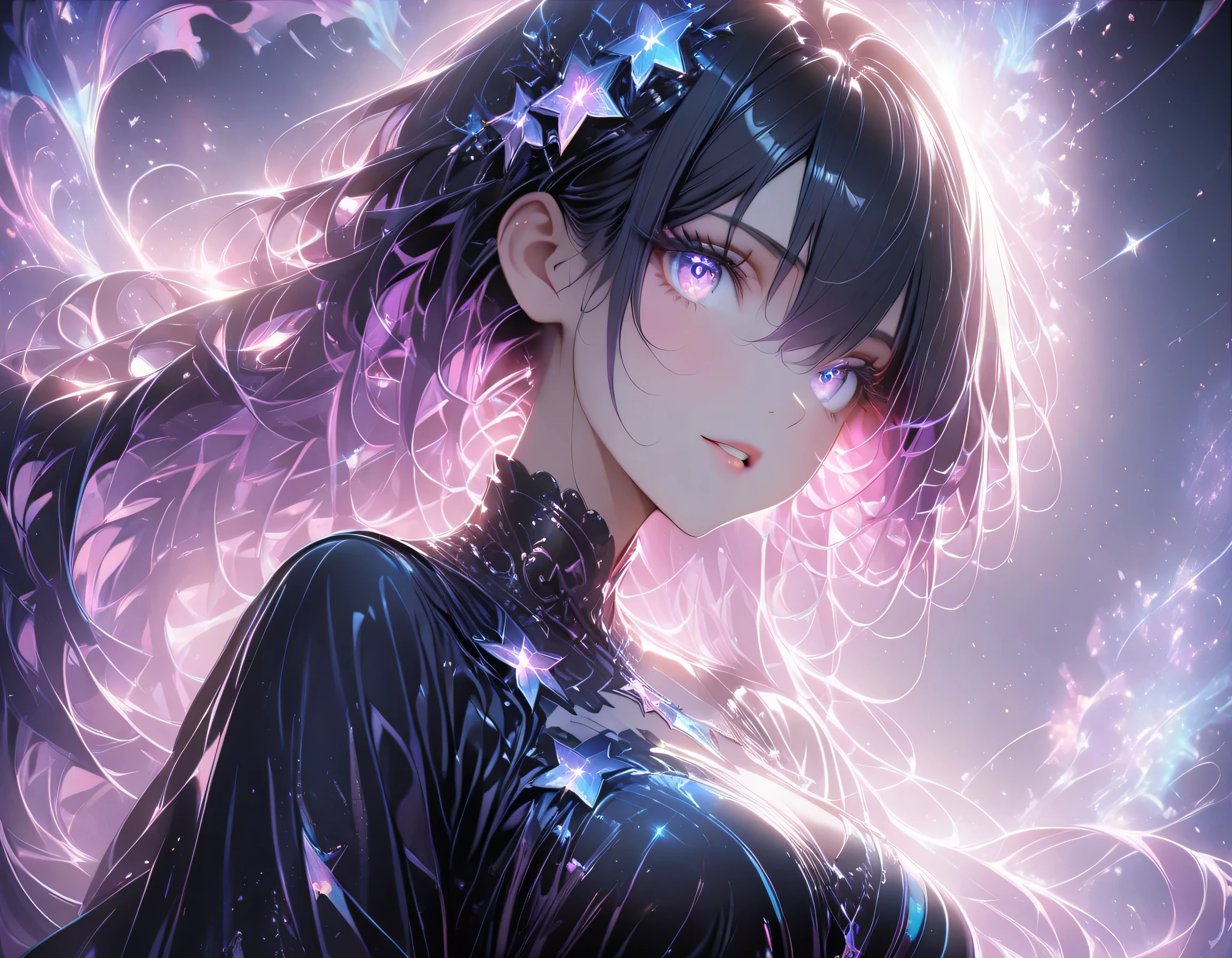 1 woman, sharp purple eyes , multicolored eyes , hair between eyes , long side bangs , black hair with fine purple strands , very long hair , medium breasts , cool, beautiful,
character focus, depth of field, glowing particles, glowing, reflection, gold theme, ,,Colorful Light, Very Shiny, Very Luminous, Very Colorful, Very Glowing, Darkness, Starry Stars Cloud Colorful, Colorful Glowing Body, Colorful Glowing Skin, Colorful Glowing Clothes. ethereal girl floats weightlessly. vast galaxy sky,  laying on her back, floats effortlessly amid swirling nebulas, distant stars, and glowing cosmic dust, flowing dress billow gently, trailing luminous streaks of stardust. celestial fabric, Short dress. shimmers with deep cosmic blues, purples, and iridescent star-like accents. resembling swirling galaxies and nebulae. Delicate sheer layers. intricate constellation embroidery. subtle metallic and holographic elements capture the twinkling vastness of space. radiant stars are scattered. otherworldly glow. beams of light are cast across cosmos. nebulas swirl with rich colors accented by delicate gold. -definition, ultra-detailed effect. 
Rendered in 4K ultra-detailed, hyper-realistic, cinematic lighting, with soft ambient glows, rich textures, depth of field, and stunning contrast, this breathtaking artwork immerses the viewer in a serene yet powerful celestial dreamscape.
, Hiori Light Art, Backlight, novuschroma64 style