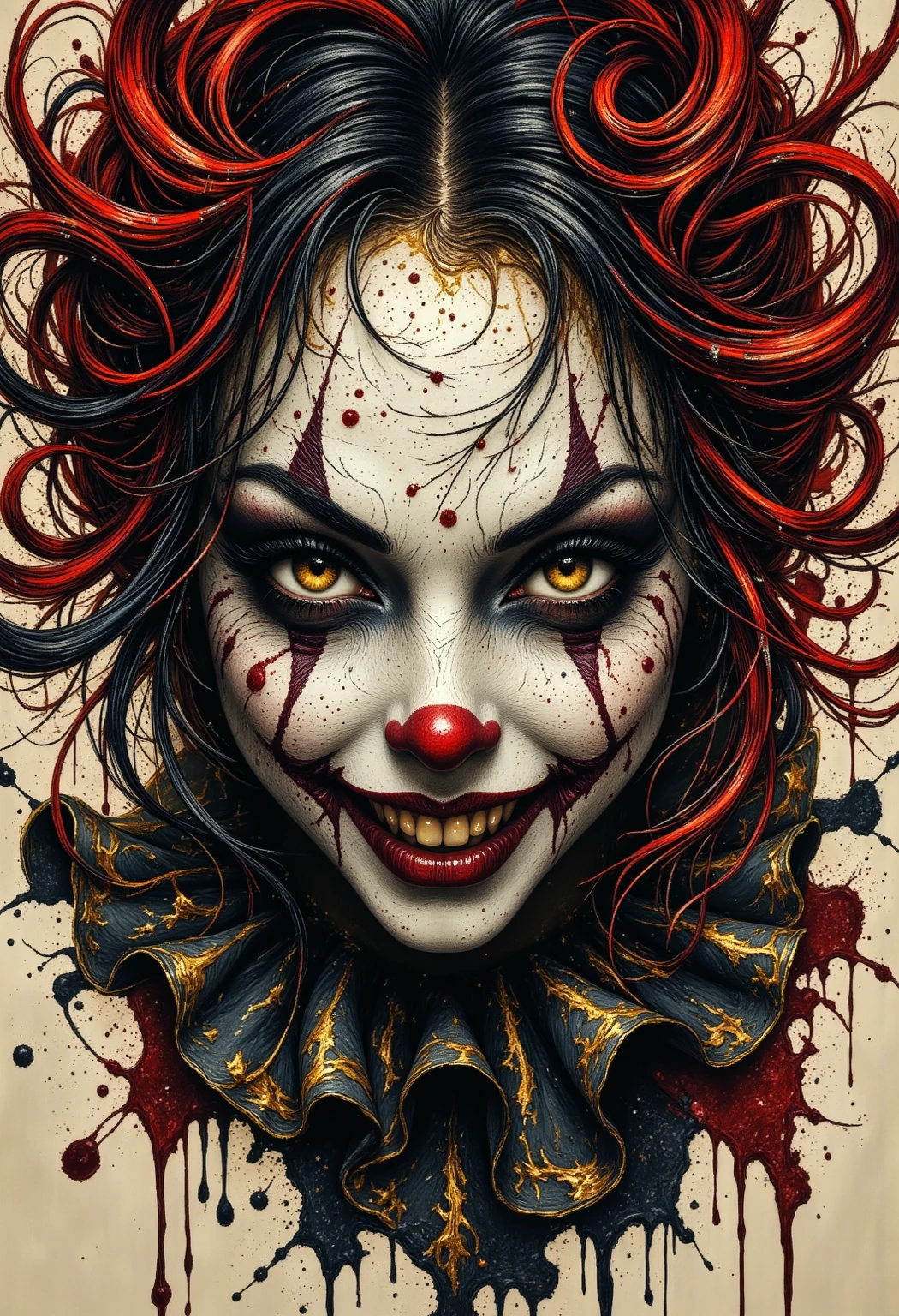 Nightmare Grin	 An image featuring an evil clown with a menacing grin, showcasing sharp, yellowed teeth and an unsettling smile that sends chills down the spine, Ultra realism, color field printing, high detail, UHD, 8k, anatomically correct, cinematic lighting 4d quality --auto