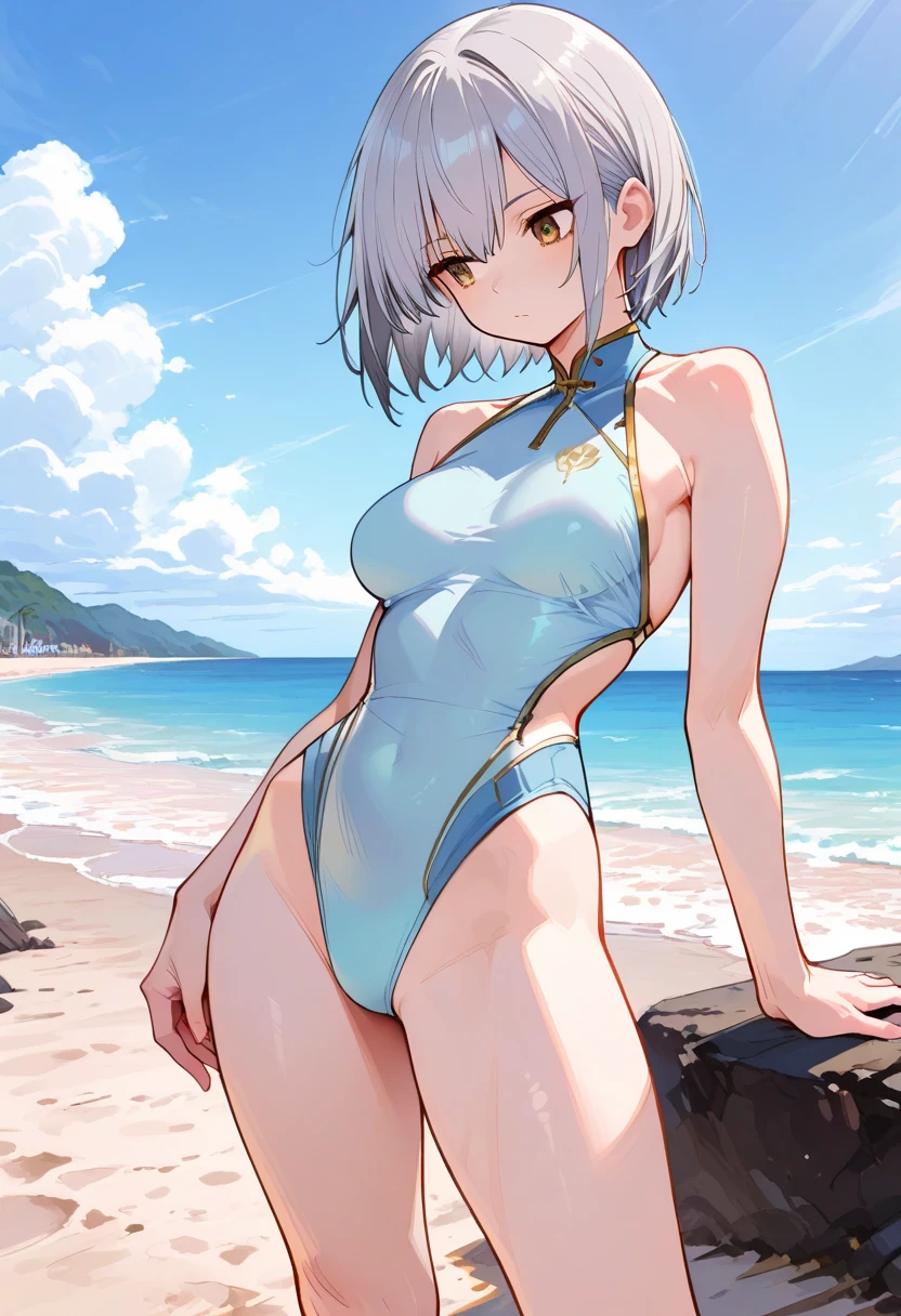 1girl、(((best quality)), ((masterpiece)), (details), masterpiece, best quality, high quality, ulutra detailed, perfect face, ((1girl, Blue eyes, cat ears: 1.3 silver bob hair: 2.5,))、Shiny Hair、Glowing Skin、Lonely face、Lustful look、I can see your toned stomach、Sideboob、Underboob、beach、Swimming in the sea、Orange Bikini、Grab the hem of the other person's clothes and make them look up、evening、