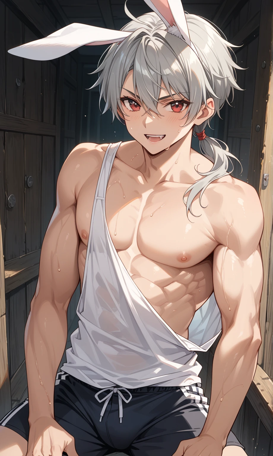masterpiece, best quality, high quality, 1boy,10yo, , duo, male focus, full body, looking at viewer, white hair,spiky hairstyle, short hair, steam smork, japan style, anime coloring, shy, home muji style, detailed face, topless, white towel on waist,