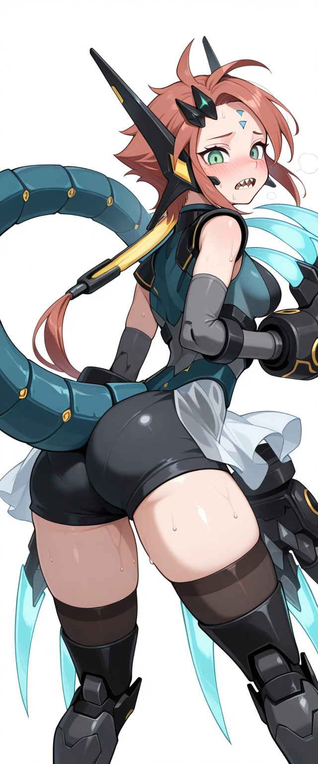 masterpiece, Highest quality, score_9, score_8_superior, score_7_superior, One girl, alone, Jack the Ripper \(destiny/Outer Codex\), close-superior, Portraiture, short hair, side,vapor,Sweat,大きなAss,パンツからはみ出すAss,Grey Hair, Green Eyes, scar, 右目のscar, Wound on the left cheek, Shoulder Tattoo, bandage, bandageを巻いた腕, arm belt, belt, No sleeve, Fingerless gloves, One-handed gloves, neutral, Expressionless, Are standing, 両腕をsuperiorに, superiorper body, Bottom view, View your viewers, White Background, Simple Background,Ass