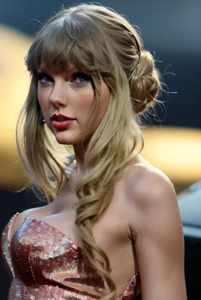a beautiful, photorealistic photo of Taylor Swift, standing next to a luxury car, wearing a sexy dress, with a hair bun, a perfect detailed face and realistic skin texture, detailed and masterpiece quality, best quality, masterpiece, 4k, 8k, photorealistic, ultra-detailed, HDR, vibrant colors, professional