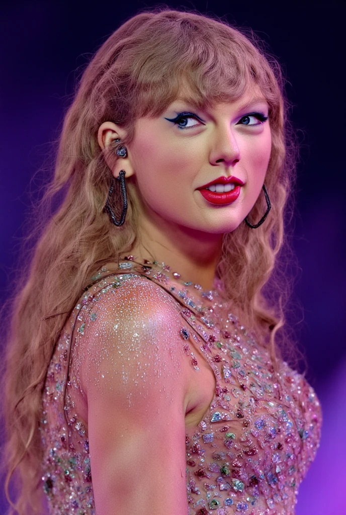 blond woman in a sparky dress singing into a microphone, photograph of taylor swift, taylor swift made of purple ice, portrait photo of taylor swift, taylor swift modeling, , portrait of , as a heavenly angel, swift, with green dress, performing, wax figure, fan favorite, face, by Juliette Wytsman