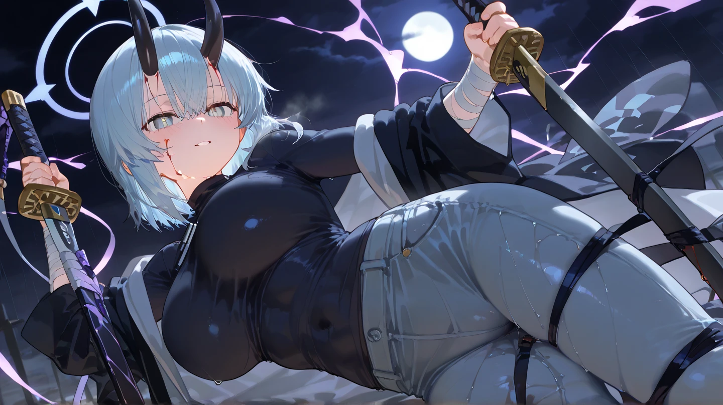 Girl , tall, long white hair , red glowing eyes ,huge ,small waist , thunder thighs,abs , big , black shorts ,black demon hoodie , dark Oni face mask, swinging katana , mountain backround , looking to viewer