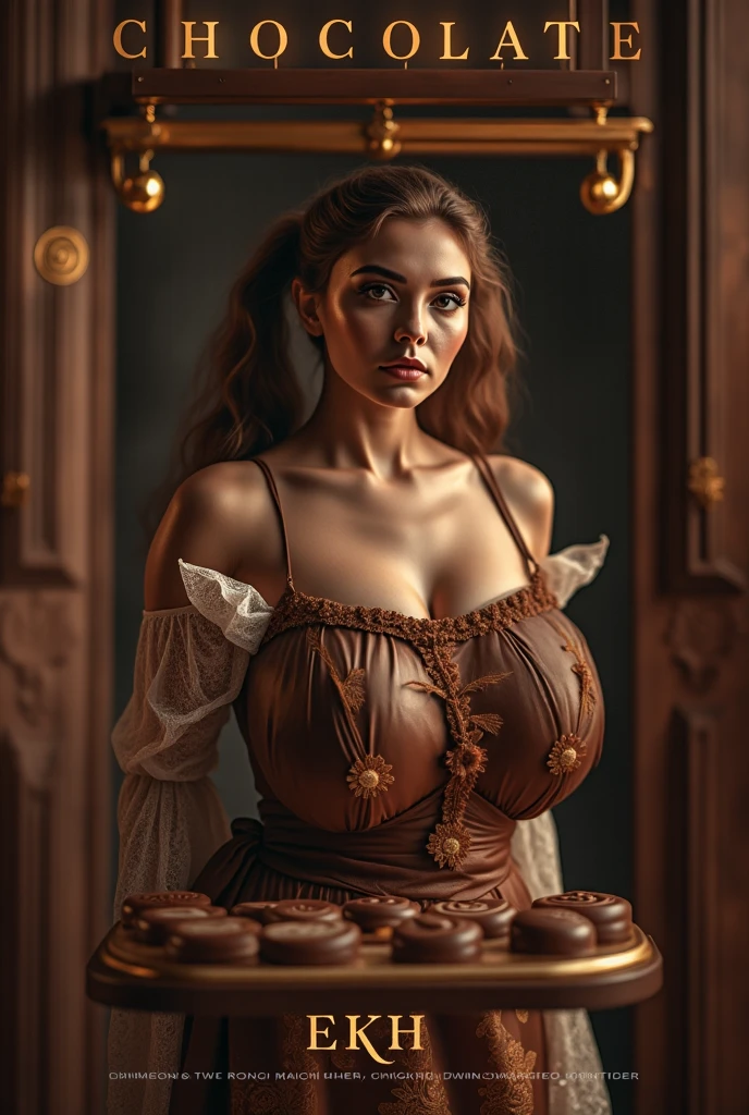 a photo of a beautiful woman, from below, edgChoco, a woman wearing a dress made of chocolate, wearing edgChoco, <lora:edgChocolatv1:0.8>,, seductive smirk, huge breasts, sunlit,