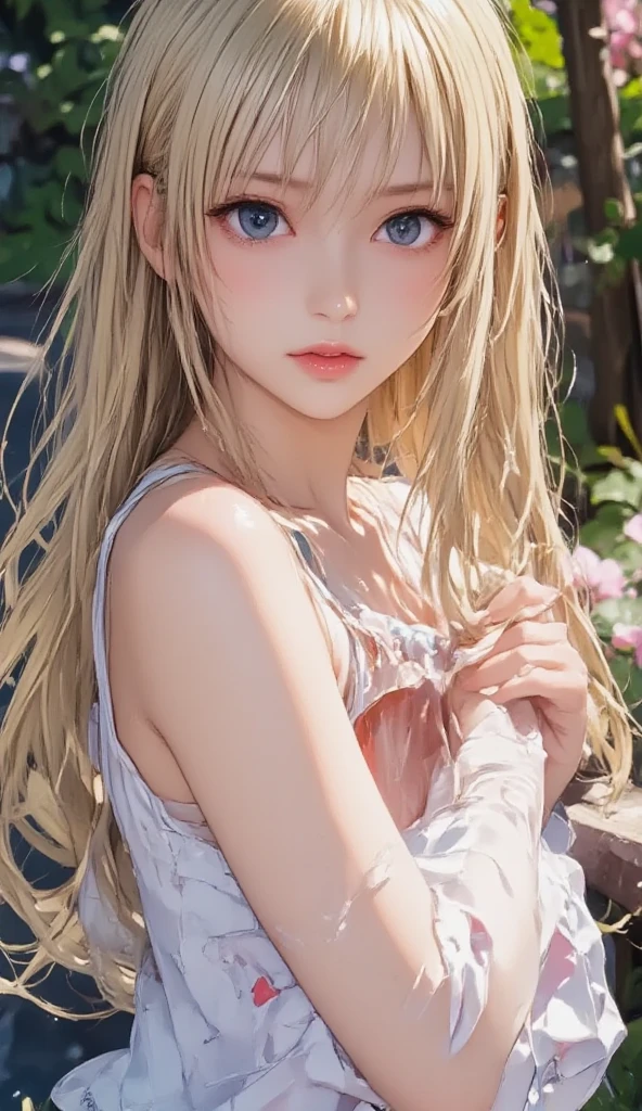 Women, alone, Blonde, long hair, perfect body, realist, sexy, 8k, Photorealistic, 4k, city background, whole body, pink microlayer,