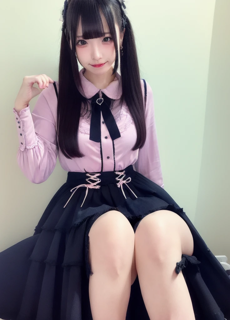 (Highest quality:1.5)、(masterpiece)、(8k:1.5)、Very detailed、Realistic、(1 Japan Beautiful Girl)、(Young face:1.2)、(Looking at me with a smile:1.5)、whole body、(Black Hair)、Small face、(Slender:1.2)、(Big Breasts:1.2)、(Pink shirt with fitted buttons and a frilly collar:1.2)、(High waisted ruffled pink short skirt:1.2)、(Black thigh-high socks)、(Black garter belt)、The shape of the breasts is emphasized