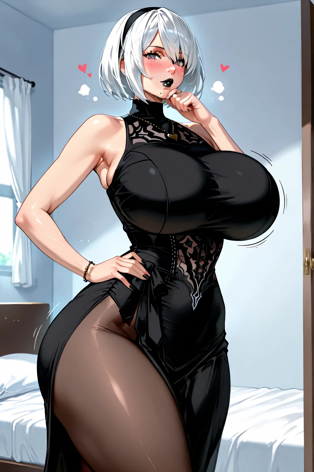 Hot sexy beautiful cute milf, black tight knit dress,long big chandelier earrings,big breasts, lipstick,makeup,white hair,hair bun,two falling hair strands,blush, full body