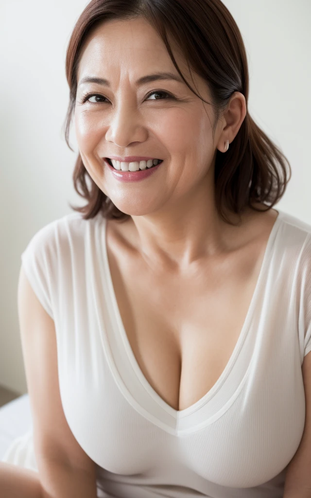 ((highest quality、8k、masterpiece:1.3))、Photorealistic, Sharp focus, High Quality, High resolution, alone, Japanese, A kind smile,Middle-aged women,56 years old, ((Big Breasts:1.3)), (((Big Ass 1.9)))、Medium Hair, Wrinkles around the eyes, white blouse with collar、Grey tight skirt、((Up to the thighs))、自宅のBedroom、Bedroom、The gaze that tempts me、A gentle smile、(((Stretching out your arms to me)))、