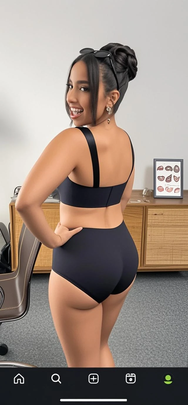 culona, Big legs, small waist, black underwear that reaches above the waist, head on, low stature
