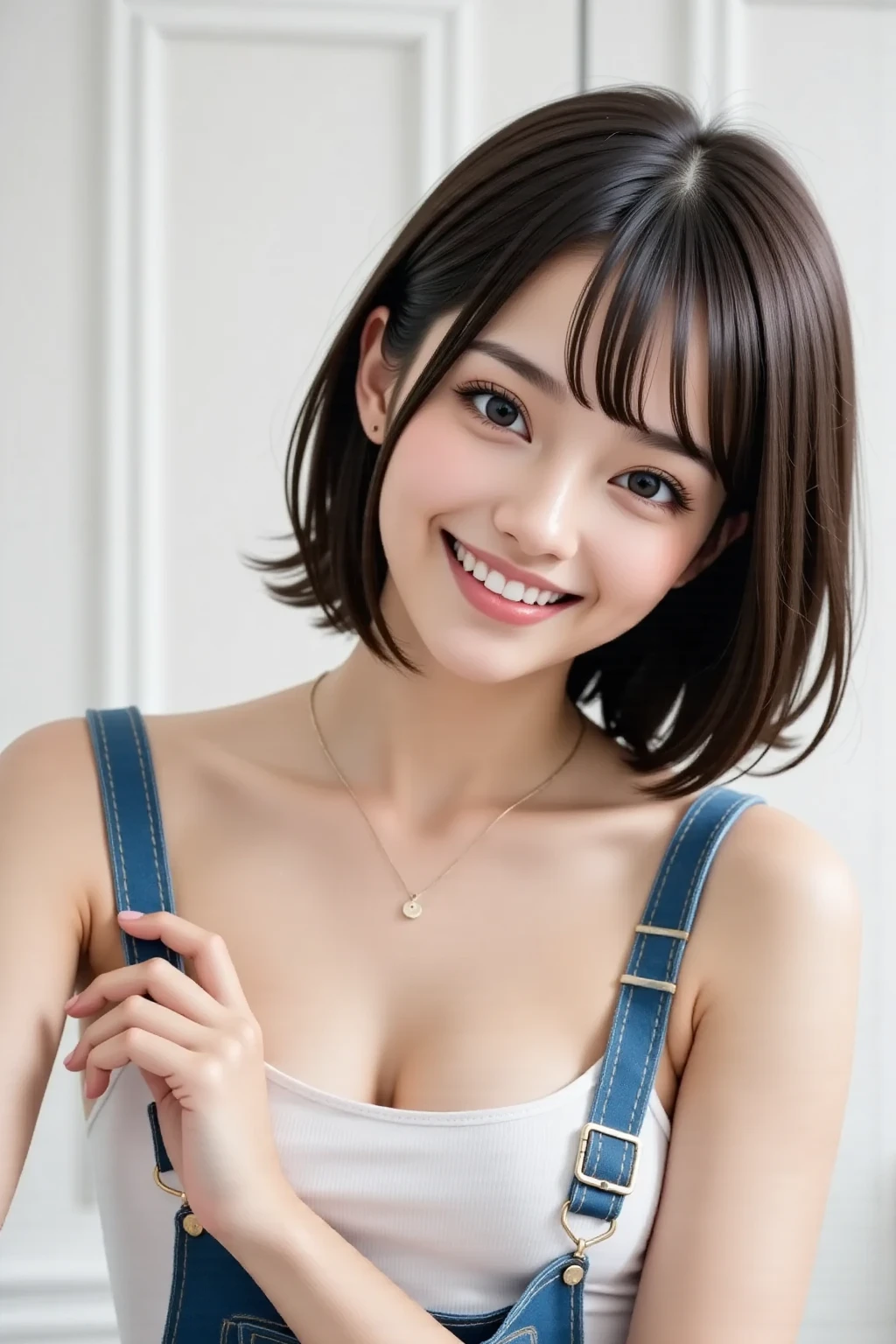 shoot from below,One person,Face in perfect proportions, Balanced Eyes, double eyelid,Japanese,young girl, Innocent face, smiling,,Beautiful nose, Lip gloss,shoot from front,look at a viewer,shorthair with bangs,((open shirt over topless)),daytime