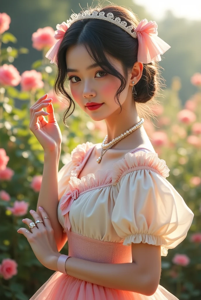 Cute girl, pink dress, flowing and dreamy style, rendered in cinema4d, made of crystal, balloon forest theme, fantastic colors, detailed design, soft focus portrait, dreamy, dream, flat chest, sweet, bow, pearl, flower, round face, black hair, longeyelashes, solid circle eyes, fang, double bun, hair bow, crescent hair ornament, Surrealism, atmospheric perspective, depth of field, cinematic lighting, super detail, ccurate, best quality, masterpiece, ccurate, anatomically correct, textured skin, high details, high quality