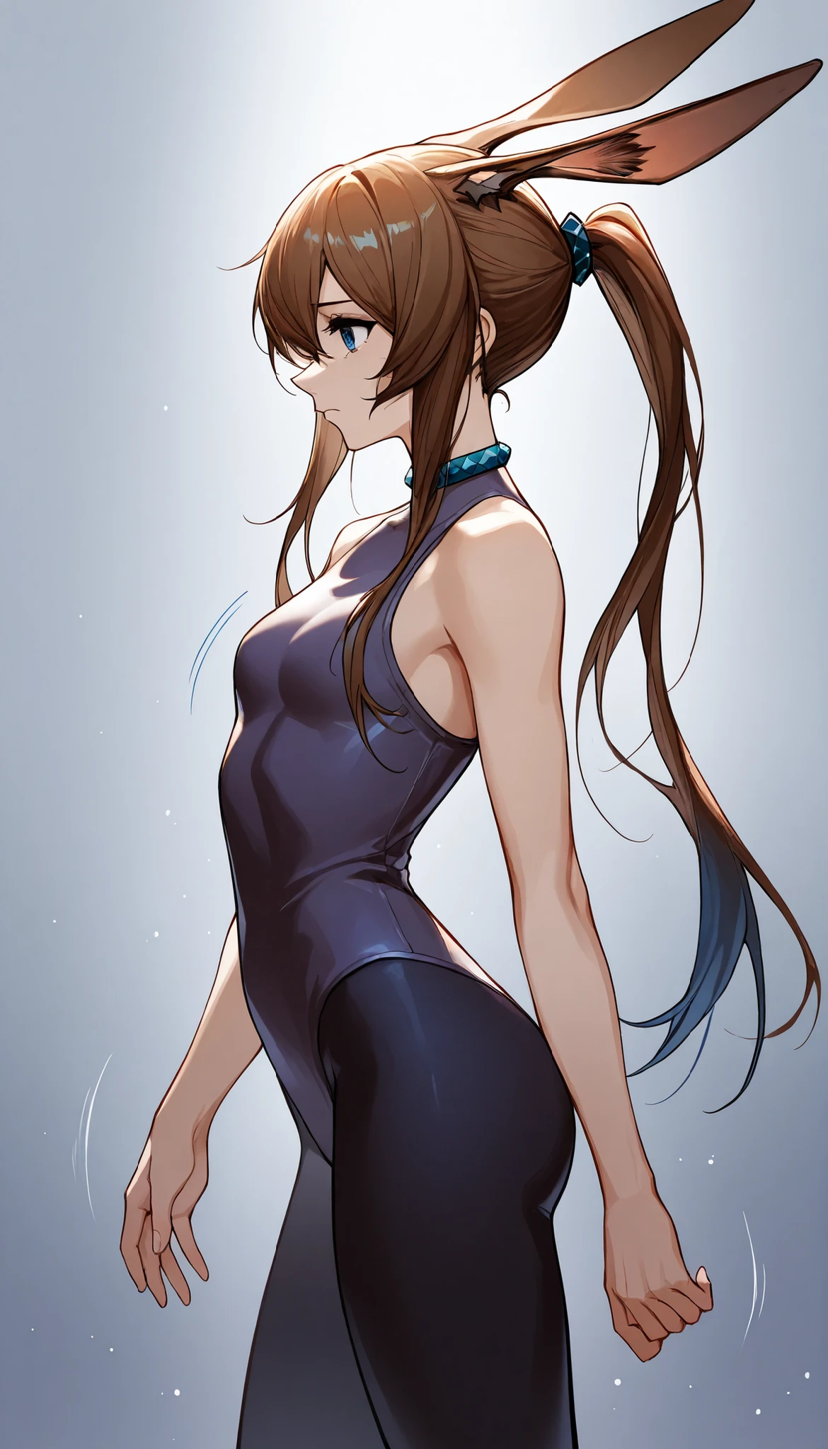 sfw, cool beauty, solo li girl, figure_skating, slender, small breast, serious, sad, motion lines, from side,amiya_arknights,amiya_\(arknights\), rabbits ears,brown hair,blue eyes,ponytail,