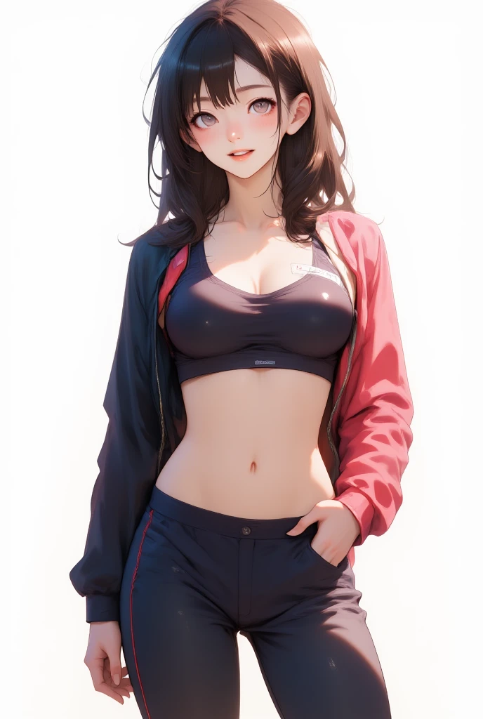 absurdres, RAW photo, extremely delicate and beautiful, masterpiece, Best Quality, ultra high resolution, 32k, hyperrealistic, ultra-detailed, perfect anatomy, anatomically correct, perfect figure, super Detailed skin, 20 years old, very Slim body, narrow waist, very small head, very small face, delicate facial features, detailed face, detailed eyes, tearful mole, earring, thin legs, bare legs, very huge round breasts, short medium hair, ((wavy hair)), wet clothes, tracksuit shorts, Lightweight hoodie, crop top,