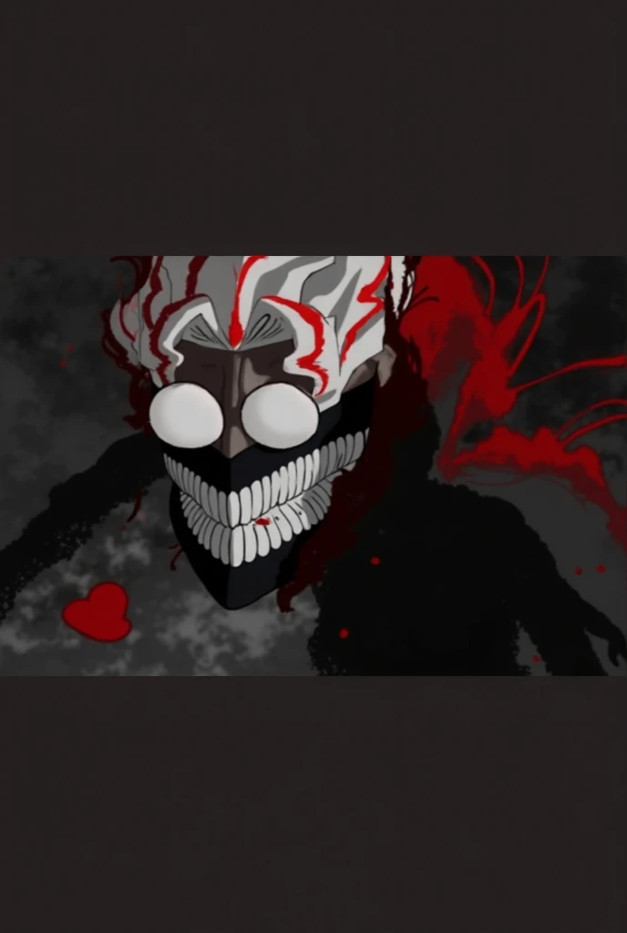 a mask completely destroyed and fragmented, completely glued together and with a broken horn appeared from the forehead ,hollow mask, bleach anime