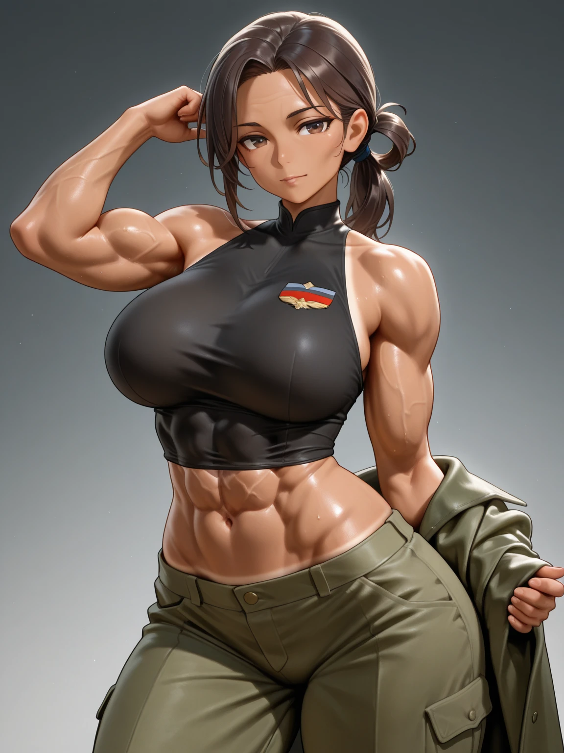 Best quality, masterpiece, portrait, highly detailed, intricate, female soldier, muscular, petite, ripped abs, sweaty, bikini top, pants, ponytail, bangs, small boobs, sexy body