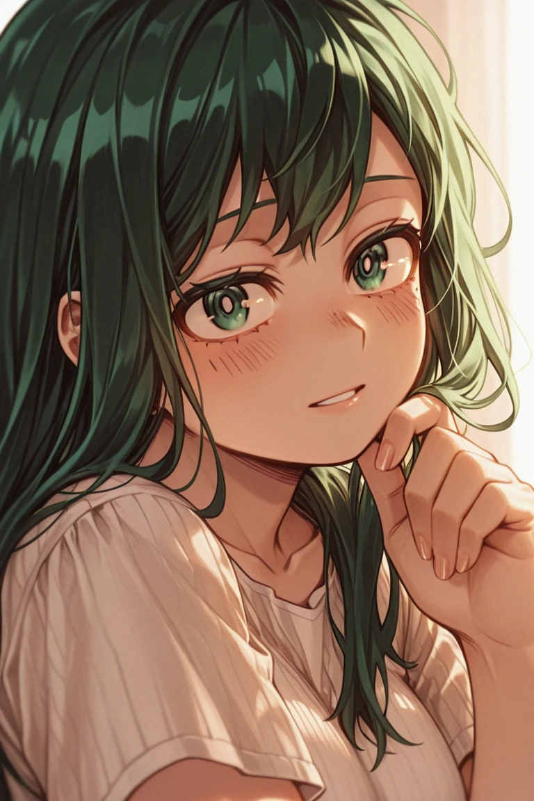 green hair girl, head resting on one hand, bored facial expression, boring day, girl relaxing resting her head on the table.