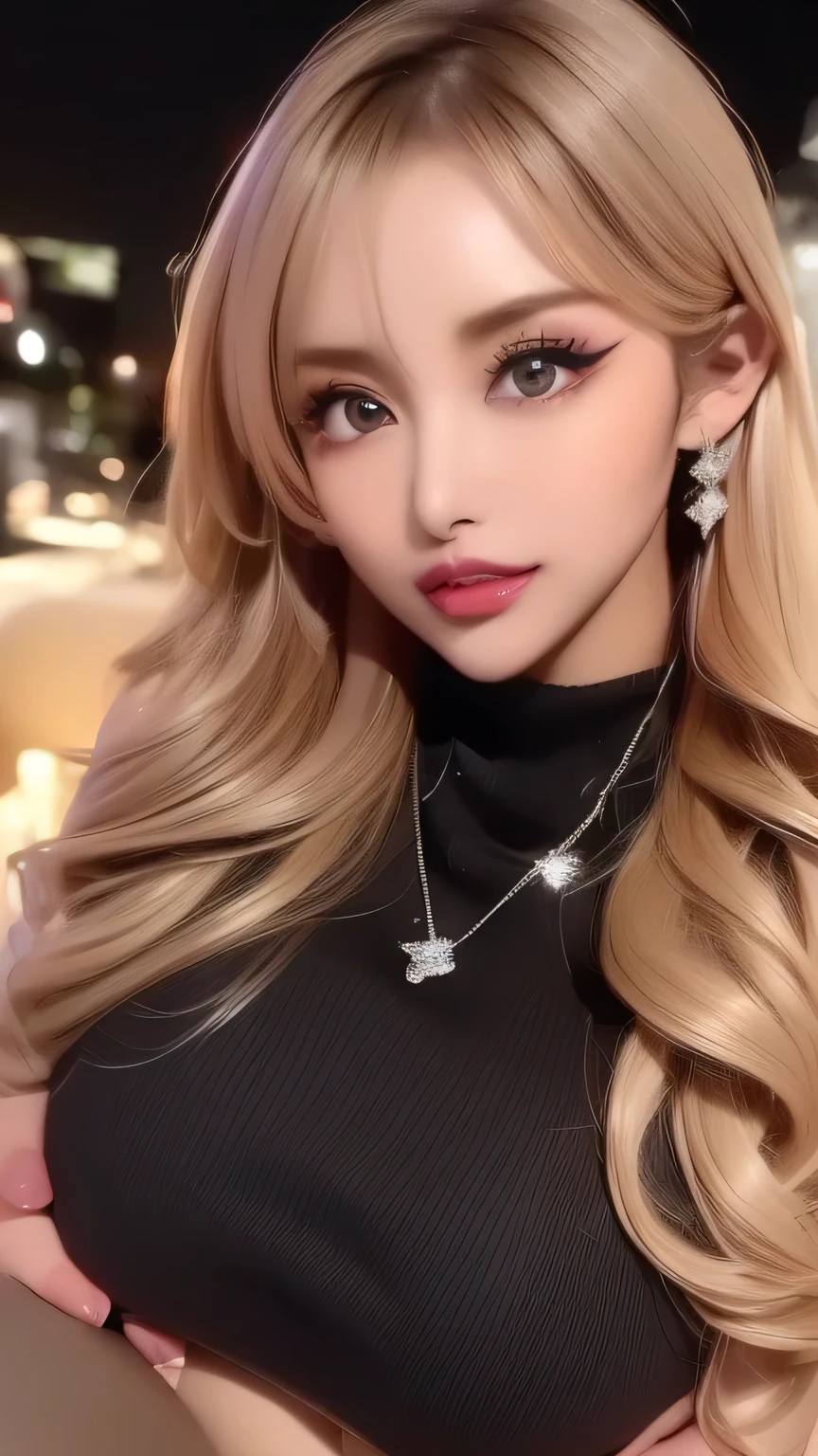 ( cowboy shooting 、 top quality 、8k、 Award-winning work 、 super high definition )、 beautiful woman under hoodie、( I'm showing off my perfect body with my Virgin Killer sweater , SeXy Breasts:1.1)、 Beautiful shiny lips , Shine Glitter Lip Gloss、Metallic Lip、 feminine glamorous body , ( virgin killer sweaters :1.3),(( gray turtleneck sleeveless dress 、 G cup bust 、 chest tank top visible from the side ,Perfect big 、( blond with a big face:1.1)、 Brilliant Color Contact Lenses 、 Perfect Gal Makeup、 Shine 、 SeXy lips in duck mouth、Shine Glitter Lip Gloss、Metallic Lip、( dark makeup for women with 5 fingers :1.2)、( dark brown beige eye circus reference seen from the cuffs :1.1)、 Beautiful bright eyeshadow 、 dark makeup 、( big breasts:1.2)、 Very Long Wavy Hair 、(Romantic affection:1.1)、 、( many women emphasize body lines ....:1.1)、( strongly blurry 、 Vividly eXpresses the luXury hotel pond at night :1.1)、( strongly blurry background:1.1)、 accurate anatomy 、 ultra hd hair、( super high definition perfect beautiful teeth:1.1)、 super high definitionの美しい顔 、 ultra hd hair、 crystal clear bang 、Ultra HD Shining Eyes、Shining super high definition beautiful skin 、 super high definition glossy lips 、 includes Harry Winston necklace