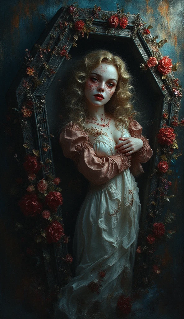 (finely detailed beautiful eyes and detailed zombie face,masterpiece sidelighting,masterpiece,best quality,detailed,high resolution illustration),, (depraved topless zombie girl,whole body,sundress,lustrous skin,looking down,looking at viewer),, (blood hair,blue eyes,ribbon, sheer clothes), (clothed_underbust:1.2),underboob