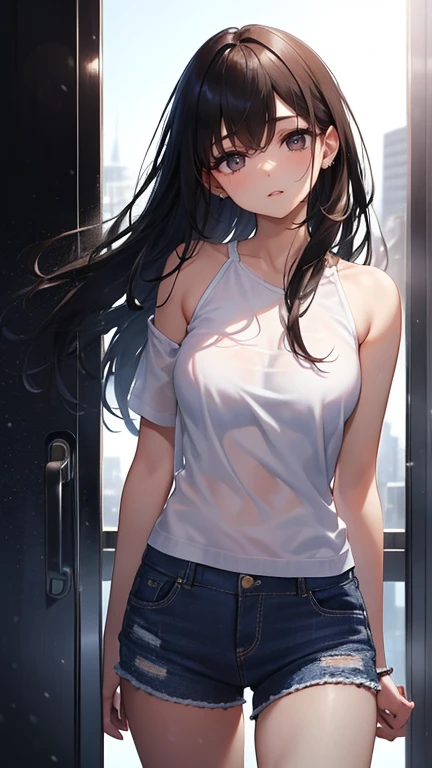 ((masterpiece, best quality)),((highres:1.2)), 1 Girl, solo, Cowboy Shot, Blurred Background, (((Small breasts))), Thighs, (Stripe underwear), ((lift the Shirts:1.3)), Off the shoulder, sexy One Shoulder T-Shirts