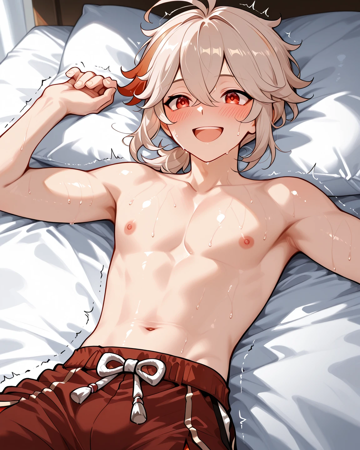 (masterpiece:1.2), (highest quality:1.2), perfect eyes, perfect face, perfect lighting, desert ((((nude)))), nsfw, 1 boy,blonde red eye, single braid, side braid, spike hair, dull bangs, bob hair, Ahoge, cute eyes looking at the viewer ((From above)), ((abs)), (fang), sweat, closed mouth, (((cum on pussy))), (((glaring))), smile, ((contemptuous)), ((disdain)), spread legs