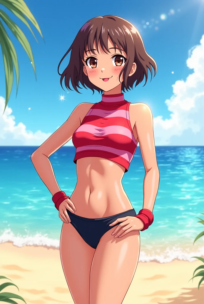 (Best quality, dynamic lighting, highly detailed) Brown haired young woman, mature, beautiful, bob hair, brown eyes, chubby, small to medium breasts, floral pink bikini, smiling brightly, pulling down denim shorts, beach, blue sky.