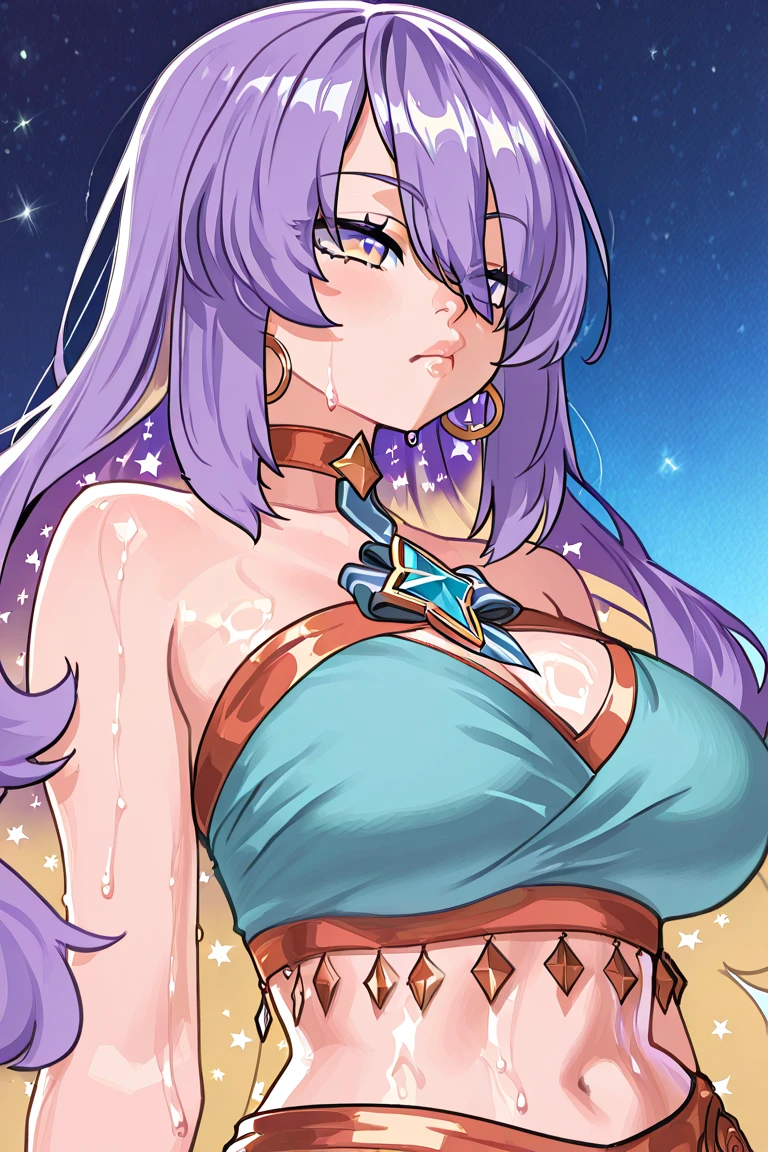 One girl, alone, dqmanya, White Background, Cowboy Shot, Purple Hair, bikini, Loincloth, Large Breasts, Cleavage, Soft belly, Circlet, Earrings, choker, bracelet, Bracelet, Mouth closed, smile, blush