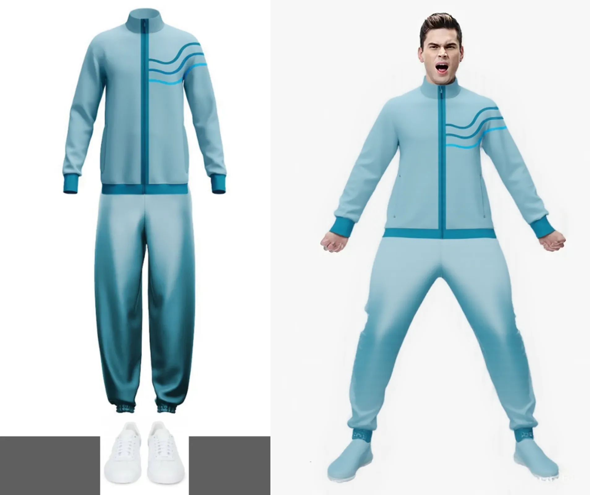 wade concept art, wade standing, view from behind, view from back, back of the head, blue background