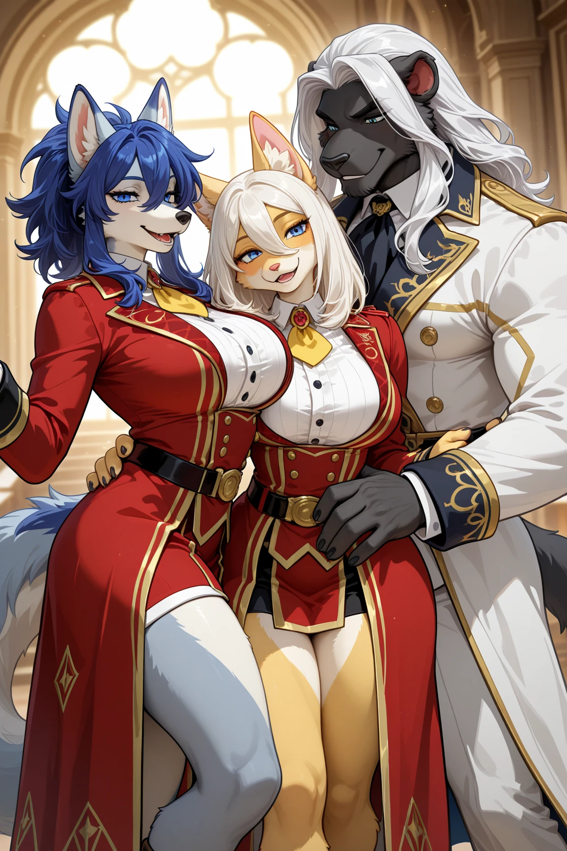 retro artstyle, hands on own hips, laughing, masterpiece, best quality, anthro, furry, fluffy, <lora:araizumi_rui:1>naga the serpent, purple hair, blue eyes, large breasts, pauldrons, spikes, cape, highleg panties, bustier, stomach, navel, belt pouch