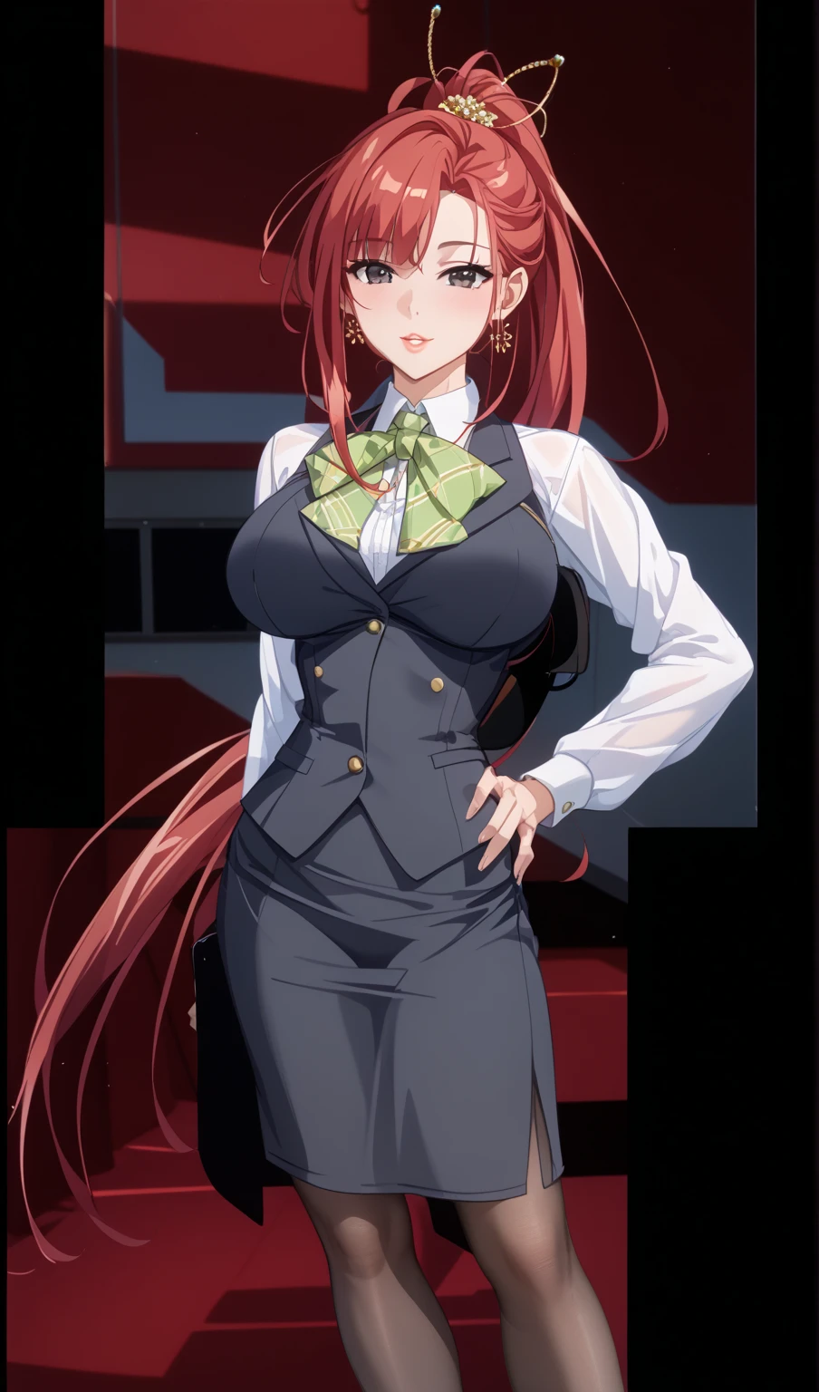 masterpiece, best quality, highres, 1girl, solo, kusuribb, large breasts, red hair, turquoise eyes, long hair, maid uniform, maid hat, apron, beach, eyewears, glasses, full body, standing, arms behind back
