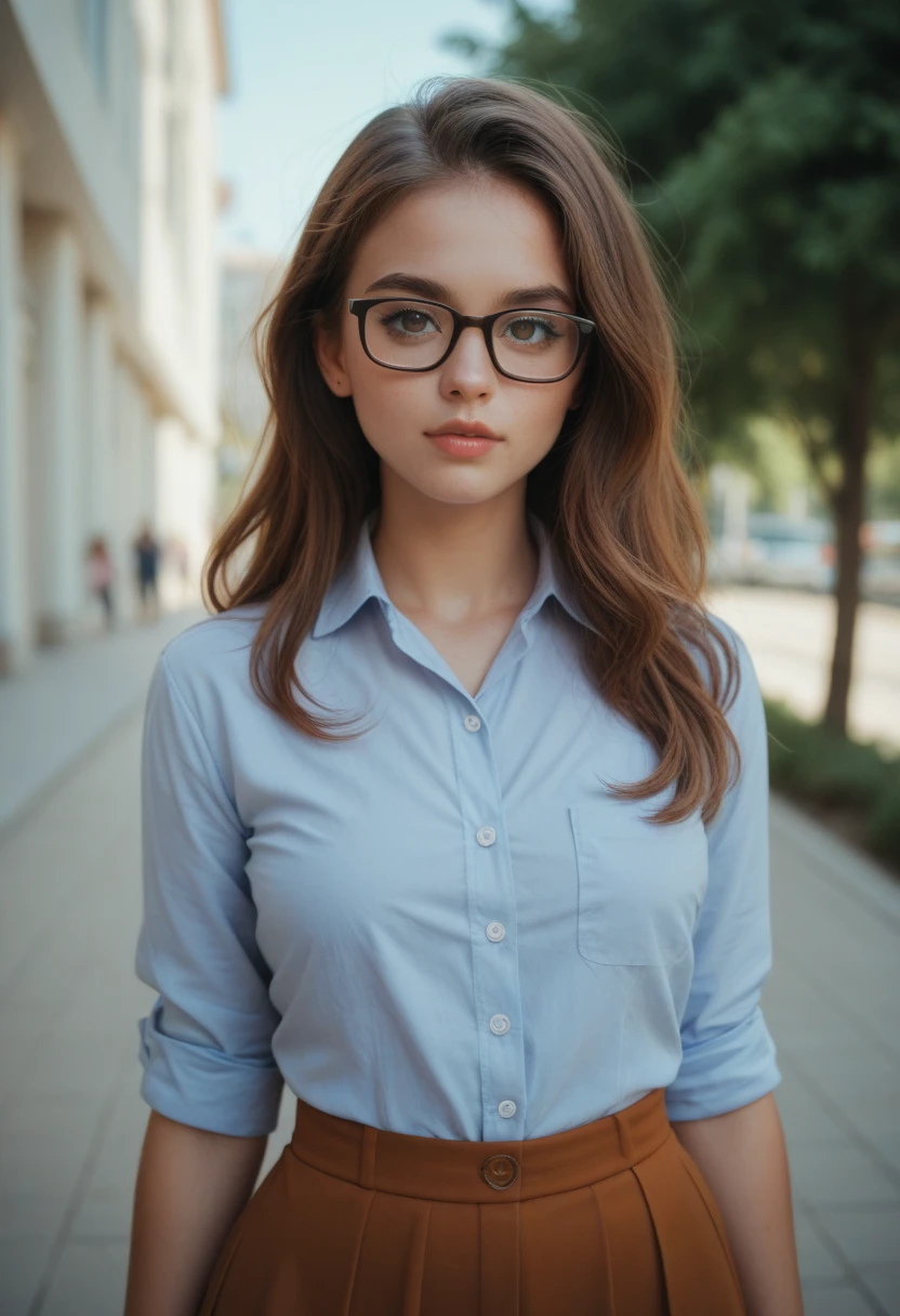 professional photography of a student wearing a short and an open white shirt, nerd, glasses