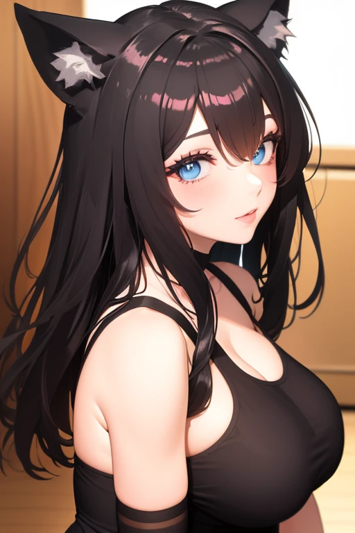 Close up shot of a sultry, stunning woman with a captivating gaze and flawless makeup, childhood best friend glowing up, accentuated by her black tank top and black short shorts, showcasing her alluring figure with thick thighs and wide hips, exuding a provocative aura.