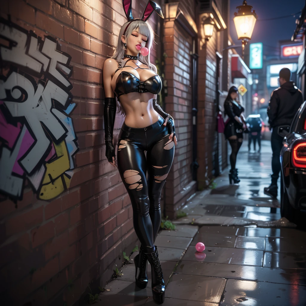 Nicki Minaj as Lucy from Cyberpunk Edgerunners, signature Lucy hair, signature Lucy outfit, short platinum blonde hair with bangs, cyborg arms, tattoos, with Fishnet on breasts, wearing revealing black techwear bodysuit, intriguing outfit, in a futuristic Neo-Tokyo, Ghost in the Shell, Gantz, Neon Genesis Evangelion, outside of a nightclub, neon kanji on signs, at night, full moon, midnight, well lit streets, no traffic, solo, 1girl, beautiful face, harajuku girl make-up, perfect body, perfect large shiny breasts, camel toe, perfect lighting, perfect composition, use advanced machine learning and data science to perfect the ideal image of Nicki Minaj as Lucy From Cyberpunk Edgerunners