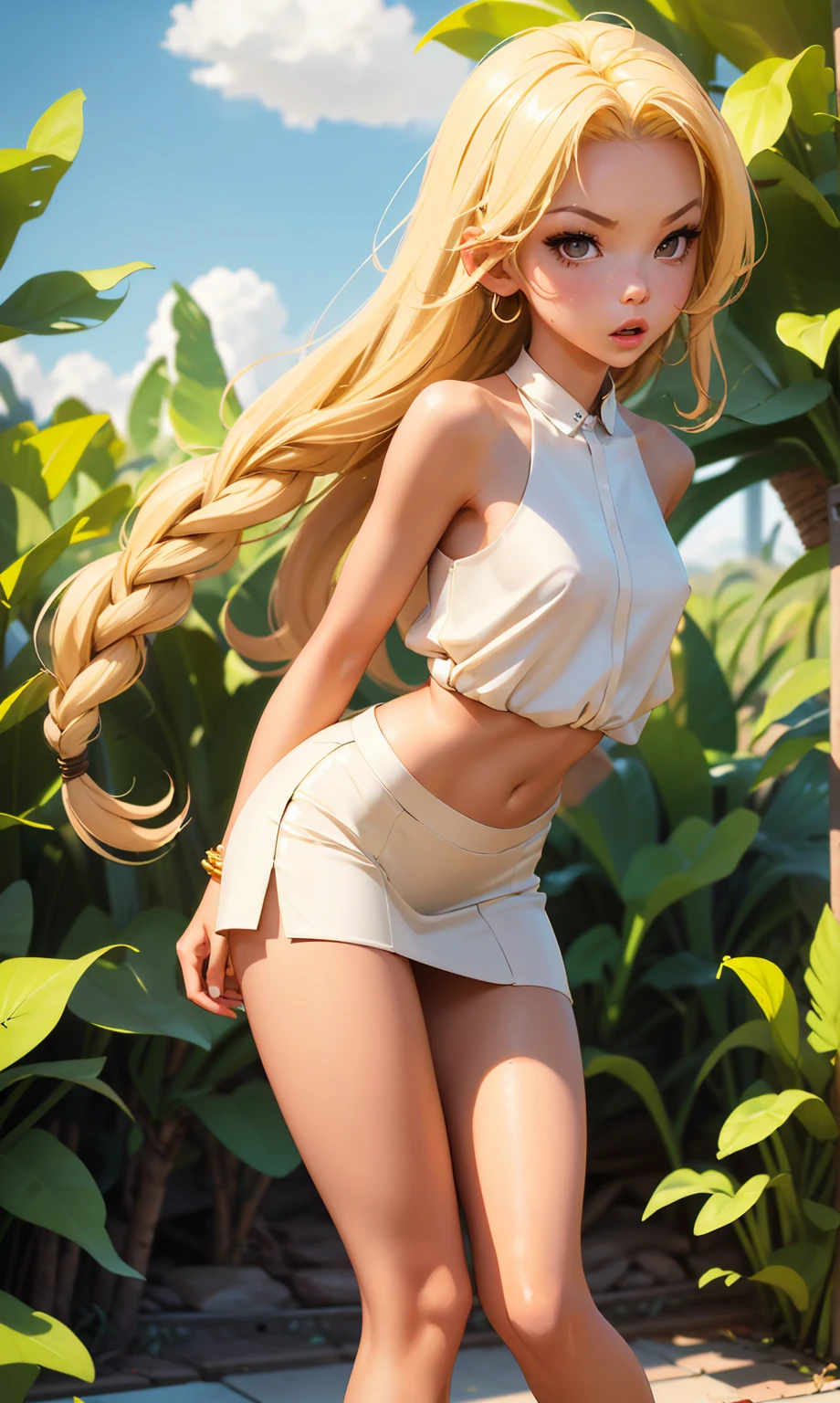 ((best quality)), ((masterpiece)), (detailed), 1girl, (big forhead:1.2),extremely detailed cute anime face, (((flat chest))), (flat chest:1.1),((((long twin braids,tight braids,long braid,braided hair,long hair)))),intricate eyes,beautiful detailed eyes,symmetrical eyes,(((detailed face))),beautiful detailed lips, looking at this, (((embarrassed))),(((horrified expression))),((panic)),((crying)),highres,(best quality),(ultra detailed,extremely detailed),perfect face details, ((masterpiece:1.4, best quality))+, (ultra detailed)+, long twintails, cute girl, (flat chest:1.1), small , slim body, skinny, ((narrow hips)), prominent collarbones, skinny arms, flat stomach, visible hip bones, long hair, red hair, white hair, blonde hair, dark hair, ponytail, thick ponytail, heavy ponytail, small breastsct face, small breasts (flat .1), NSFW, Detailed body,Full limbs, (from behind), (turning), ((front facing)), NSFW, (flat chest:1.1), ((wild environment, jungle, nature))