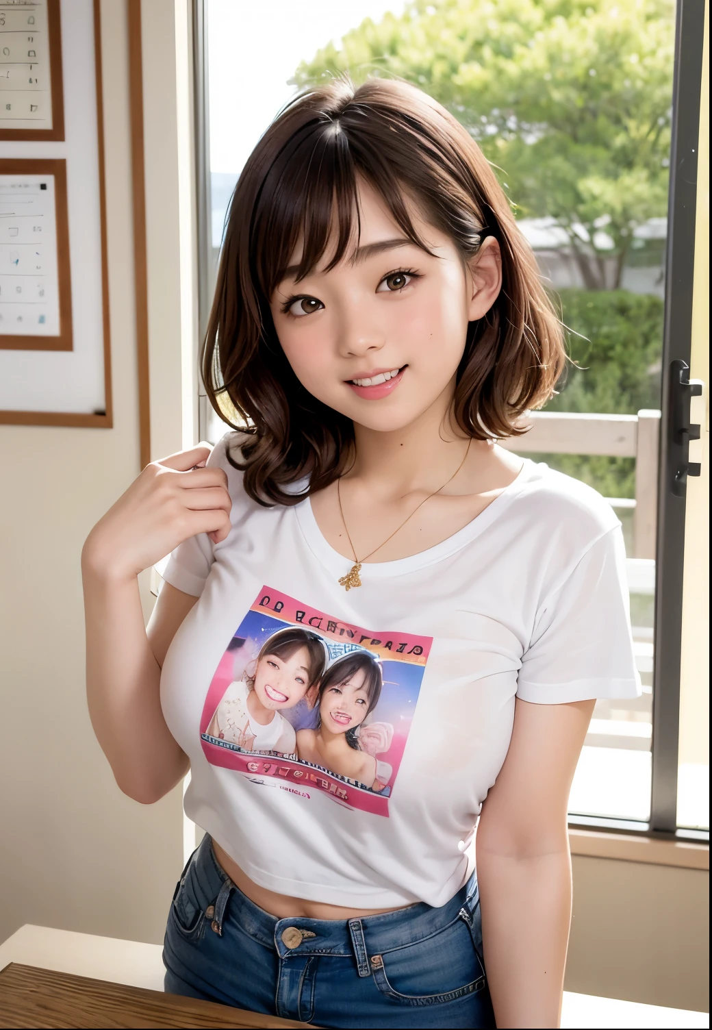 Inside the train、Sitting、Angle from below the front、1 girl、Bob Hair、Brown Hair、Medium breast、(T-Shirts、Flared mini skirt with slitasterpiece:1.3、Highest quality、Raw photo、White panties、(Panty shot:1.3)、