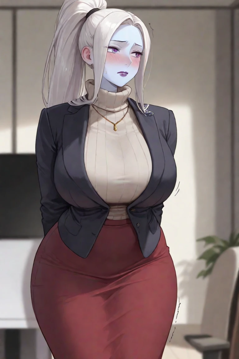 (Best quality, 4k, Masterpiece :1.3, 8k, ultra-detailed, ultra-masterpiece), mature pretty woman, ultra-detailed face, detailed lips, full lips, detailed eyes, double eyelid, wide hips, thick thighs, smooth skin, (big breasts:1.4), white hair, red eyes, ((thicc body)), tall, skinny jeans and a black leather jacket over a white tank top, (Reading a book in a room), sitting in a chair, reading a book in a room, background window with several buildings in the background