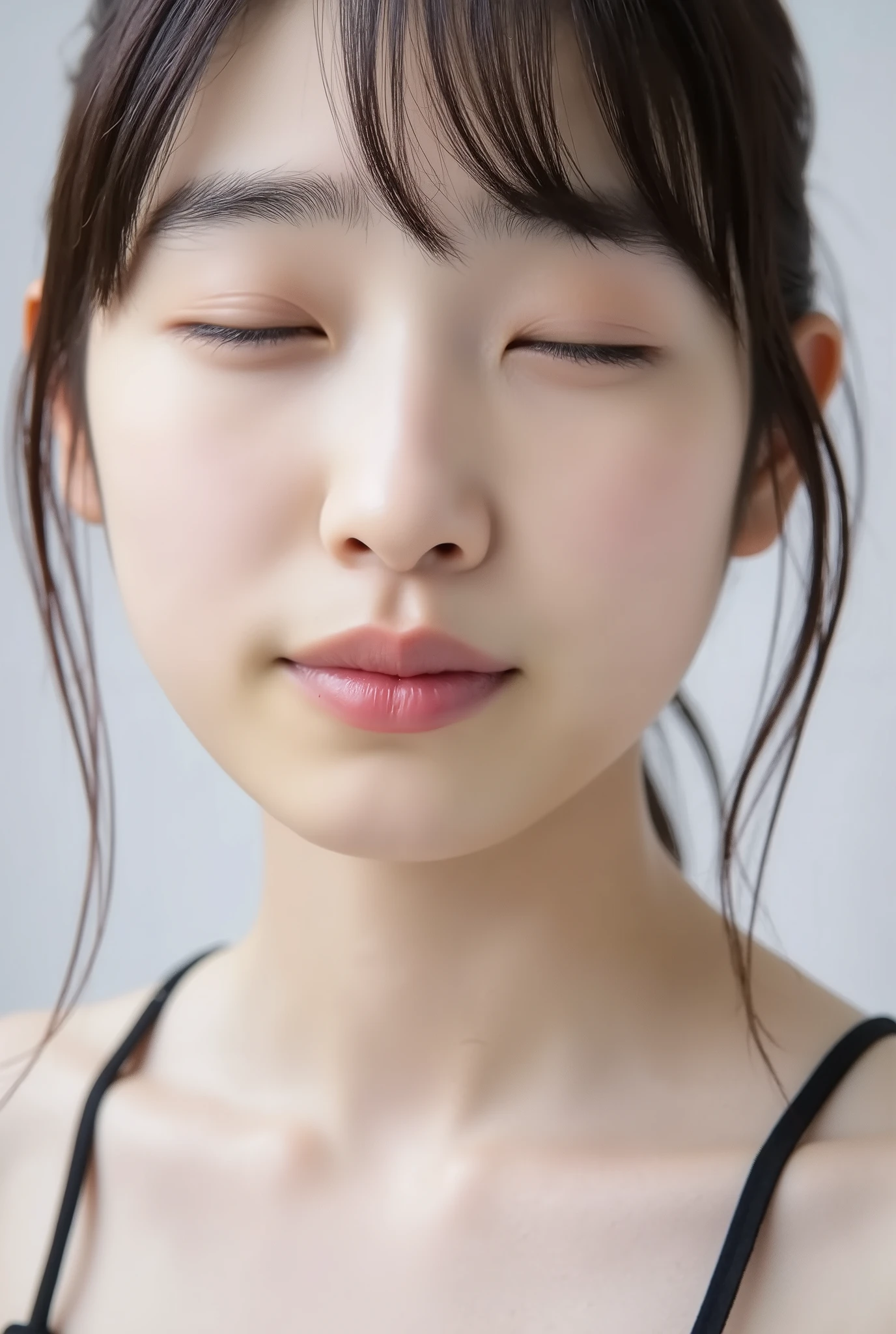 ultra-detailed close-up of a beautiful girl, collarbone-up composition, white studio background, soft natural lighting, slightly elevated camera angle (around 35 degrees), full face and head visible in frame, chin slightly raised, eyes gently closed, deeply affectionate smile, cheeks and ears flushed, soft joyful expression, mouth puckered and protruding with a rounded kiss shape, lips glossy, moist, shimmering, with focus highlight on lips, inviting kiss pose, longing expression, desperate affection, and dere-dere mood, hands behind her back and not visible, soft skin texture with visible peach fuzz (no makeup), matte facial skin, black camisole strap on shoulder clearly visible, slight head tilt, blurred background and facial edge for lip emphasis, playful and dreamy atmosphere