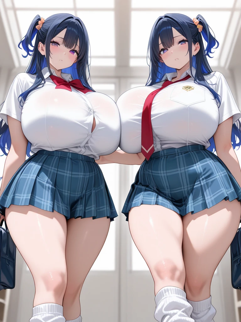 Kasane Teto, alone, solo, looking at viewer, smiling, pigtails, skirt, simple background, red eyes, white background, ribbon, full body, ahoge, red hair, twin drills, breasts, blushing, smiling, bangs, huge breasts, (huge breasts: 1.8), big thighs, (thighs: 1.8), knee-socks, navel, exposed shoulders, mouth closed, standing, swimsuit, heart, bikini, sleeves removed, one eye closed, tie, tongue, striped, shiny, black knee-socks, tongue out, armpit, stomach, arms up, tattoo, skin dent, detachable collar, underbust, high-cut, thigh gap, between breasts, string bikini, headset, striped bikini, high-cut bikini, tie between breasts, aqua nails, red tie, aqua tie,