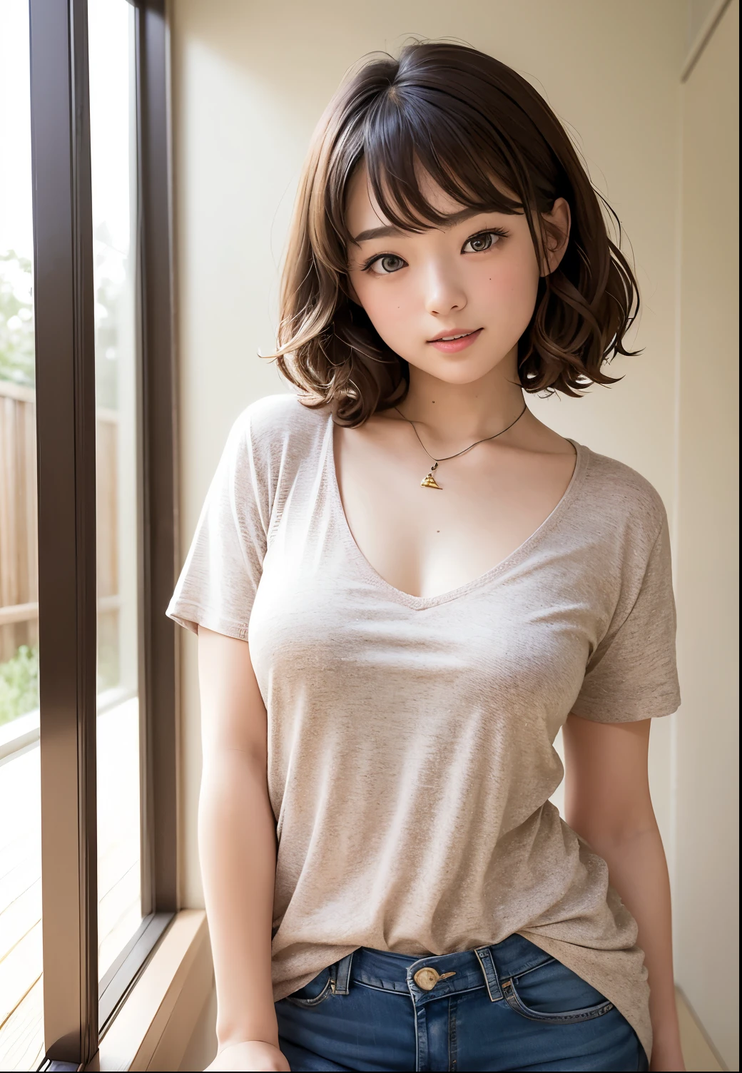 One with short hair, smooth, dark brown breasts, light brown eyes, medium nose, 12 years old with coquettish Pixar clothes