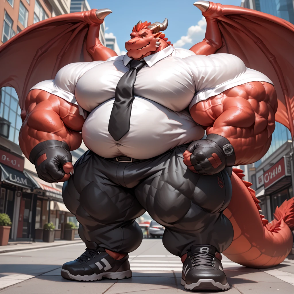 Solo, Anthro, Furry, Male, Red and Black Dragon, Full body, Very Muscular, Bara, Big, Buff, Very Big, Very Tall, Giant Sized, Monster Sized, Very Tall, Macrophilia, Gigantism, standing over skyscraper, Taller than Skyscraper, Hyper Size,looming,Long Red Hair, Looking at viewer, Wearing Black Briefs, Hyper Size Bulge,Cock bulge, Balls Bulge, Large Bulge, Giant Bulge, Detailed clothes, Detailed Face, city background,(masterpiece, high quality,hi-res,8k had), High Resolution, High Detail)