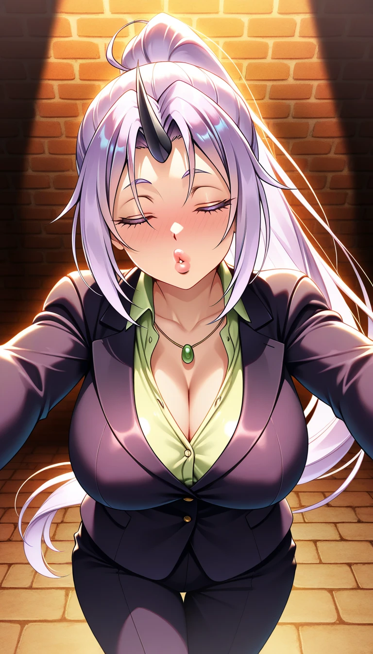 show off nipples,topless,huge breasts,masterpiece, best quality, highly quality ,Maya-Natsume-KJ, open mouth, cleavage, very long hair, , jacket, blazer,  ahoge , 