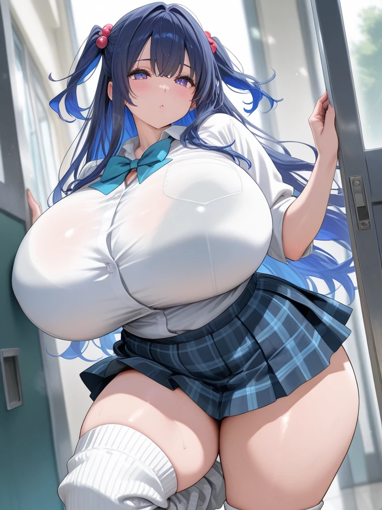 Huge Cleavage, (Extra Thick, Extra Big Thighs), (Extra Huge Breasts, Extremely Overinflated Breasts), Cute Girl with an ((Extremely Embarrassed Expression, Intensely Blushing)), Her Breasts are too exceedingly Huge, and are overfilling her shirt.