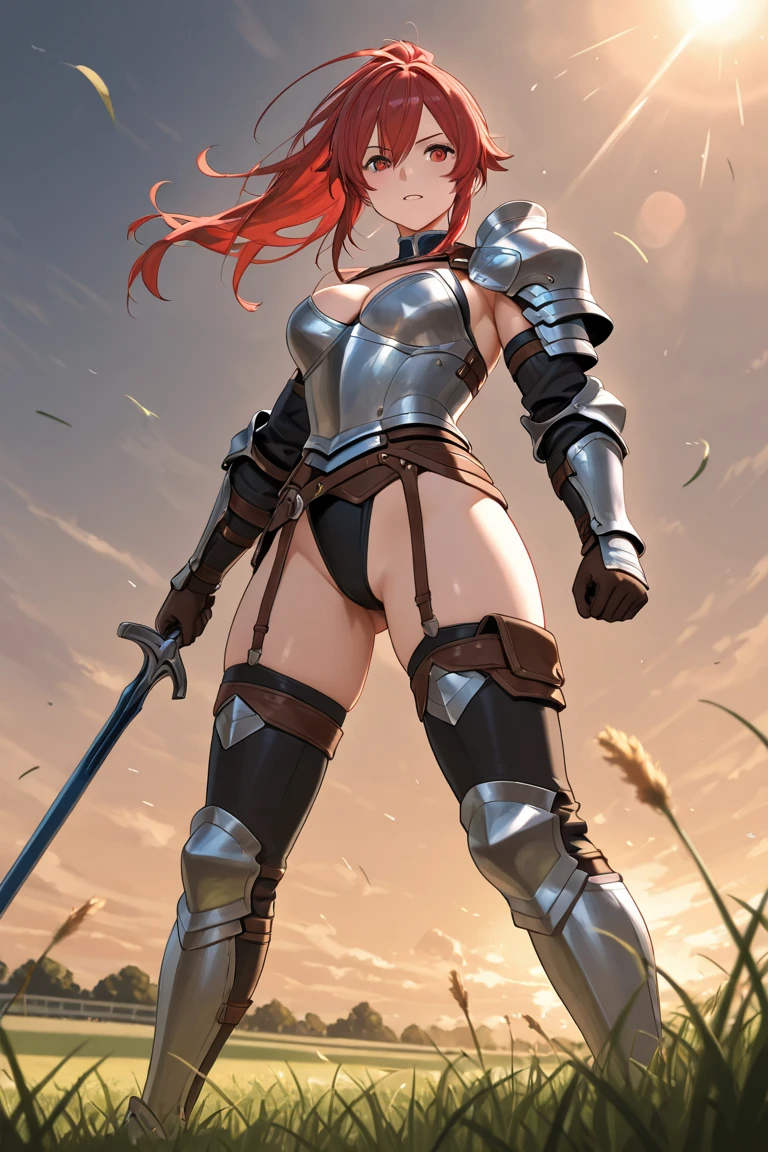 Tall girl, Long red hair, black eyes, knight armor, Sleeveless, open belly, Sword and Shield, combat stance, Masterpiece, hiquality